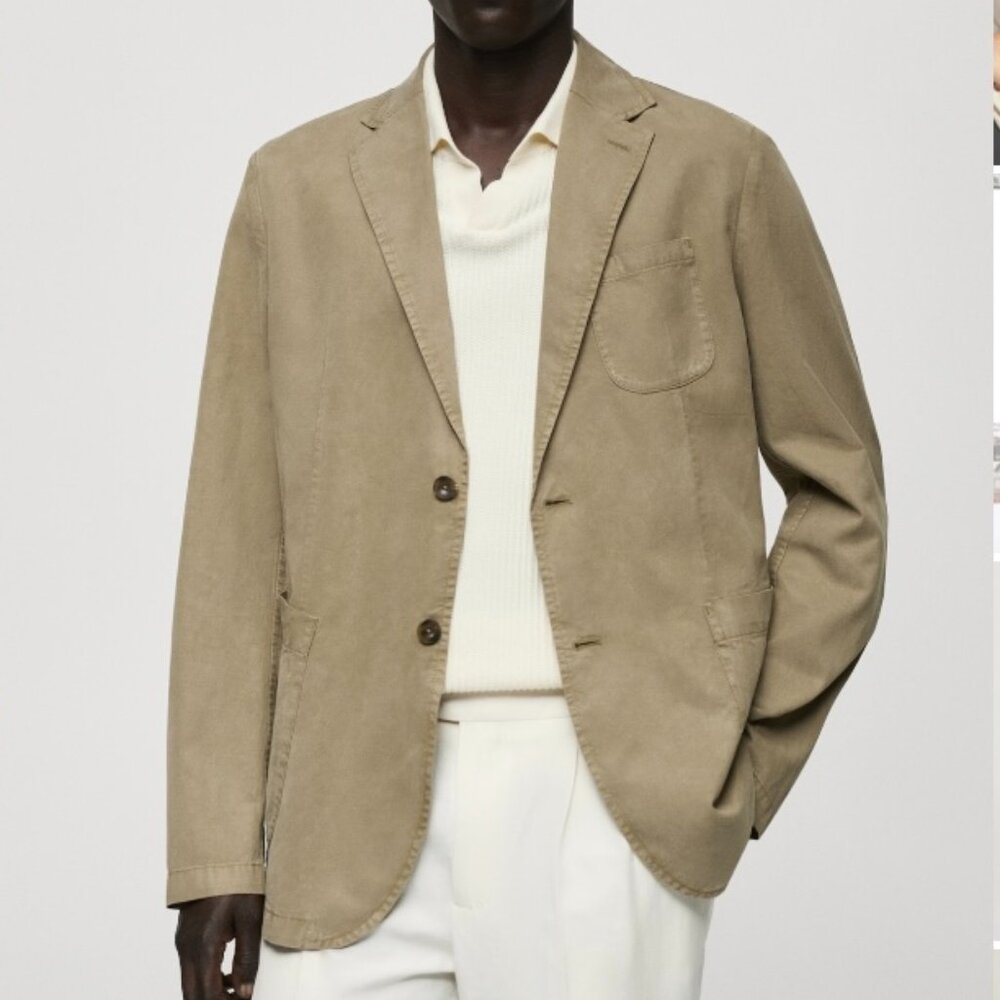 Mango Olive Green Washed Effect Cotton-Linen Blend Blazer in Size 40